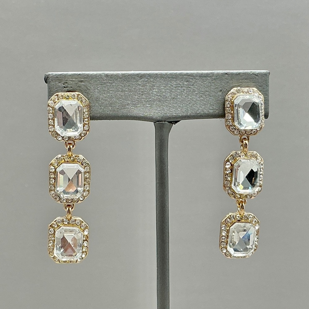 Dangle Drop Earrings Women Gold Tone Clear Rhinestone Emerald Cut Tiered 2.25"